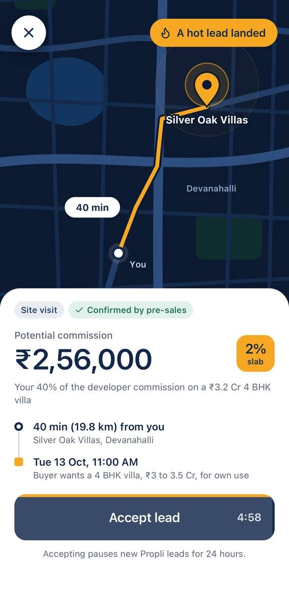 Propli Partner app: a hot lead offer for a site visit at Silver Oak Villas, Devanahalli, confirmed by pre-sales, with ₹2,56,000 potential commission