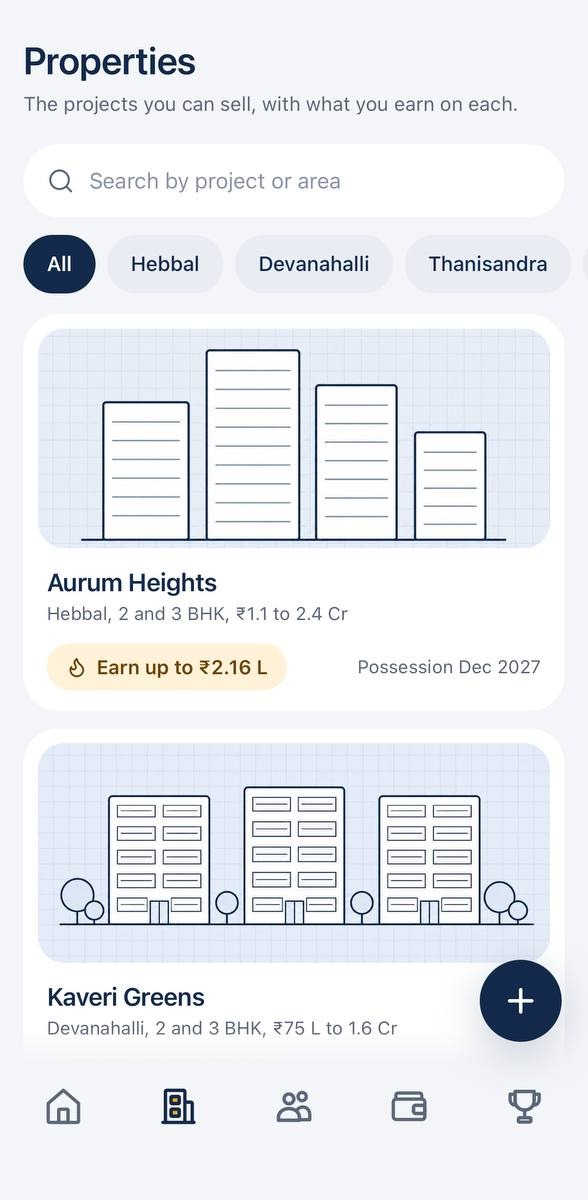 Properties screen listing projects partners can sell, searchable by project or area, each showing what you can earn and possession date