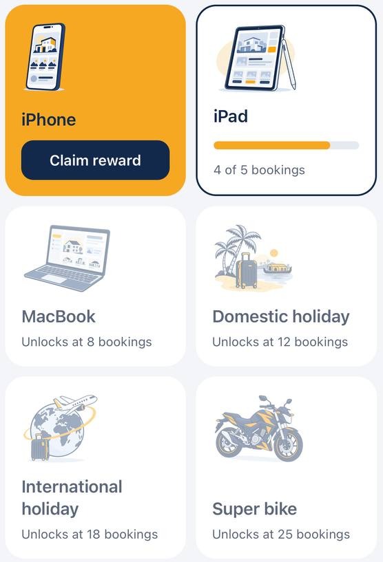 Milestone rewards in the app: iPhone ready to claim, iPad, MacBook, domestic holiday, international holiday and super bike